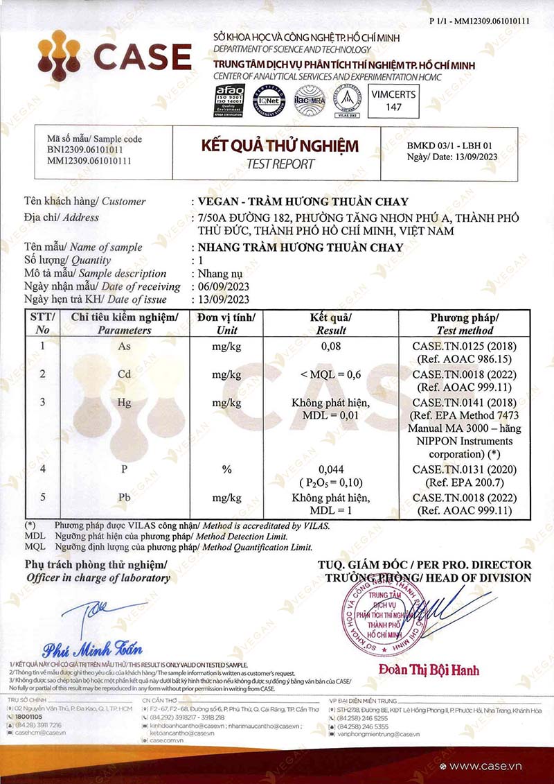 giấy chứng nhận nhang Trang Hương Thuần Chay
