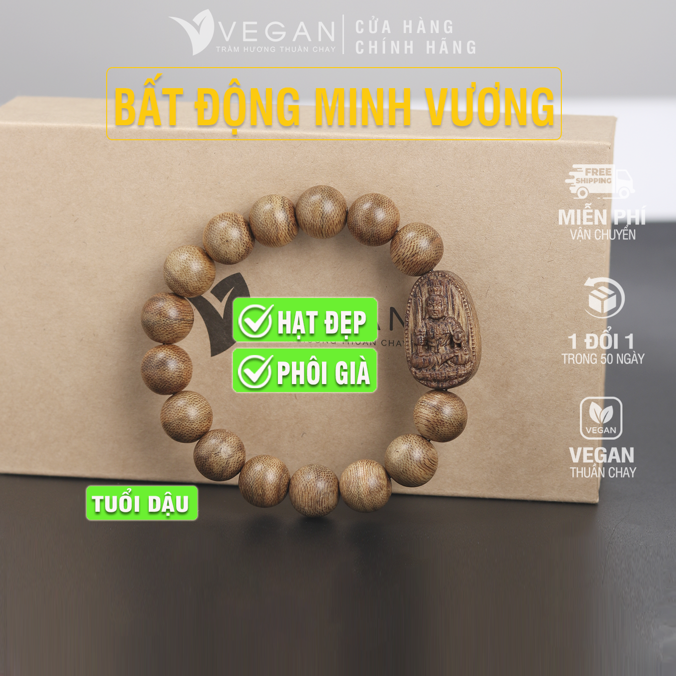 Vòng tay Trầm Hương VEGAN phật Bất Động Minh Vương tuổi Dậu 12mm