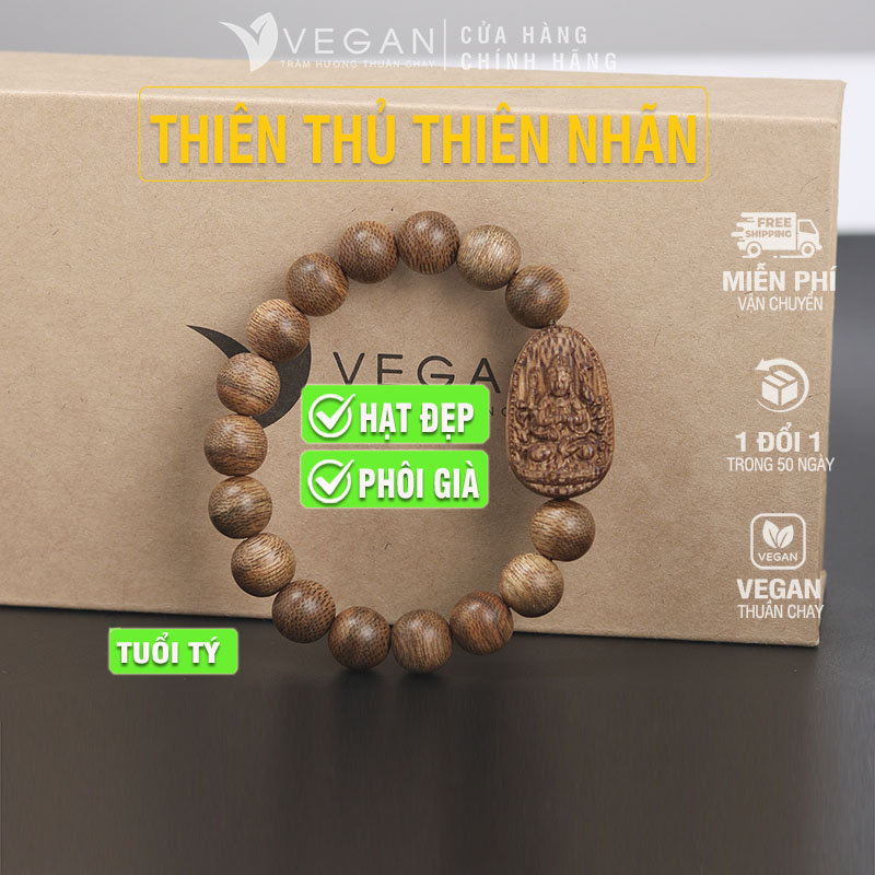 Vòng tay Trầm Hương VEGAN phật Thiên Thủ Thiên Nhãn tuổi Tý 10mm