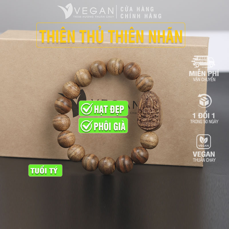 Vòng tay Trầm Hương VEGAN phật Thiên Thủ Thiên Nhãn tuổi Tý 12mm