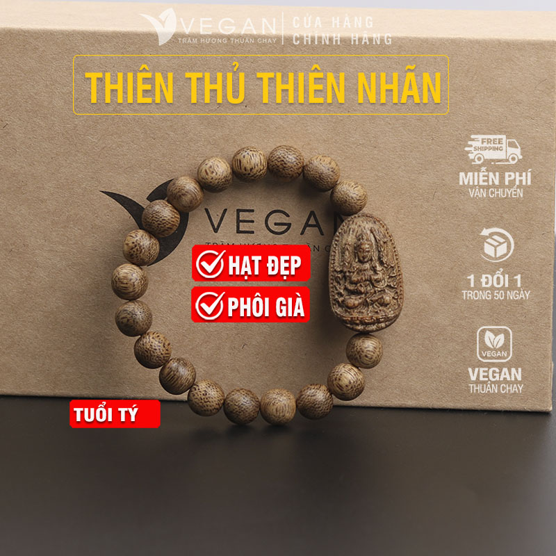 Vòng tay Trầm Hương VEGAN phật Thiên Thủ Thiên Nhãn tuổi Tý 8mm